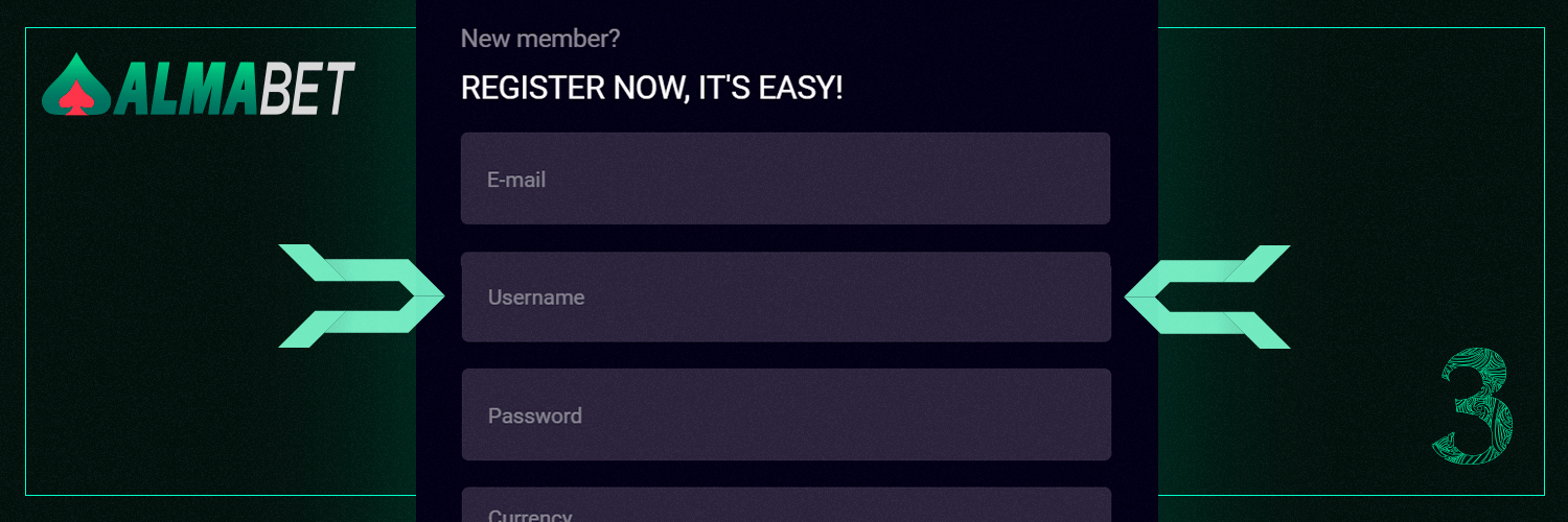 To register in Almabet, fill in the “Username” field