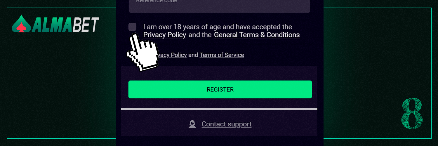 To register in Almabet, agree to the terms and conditions