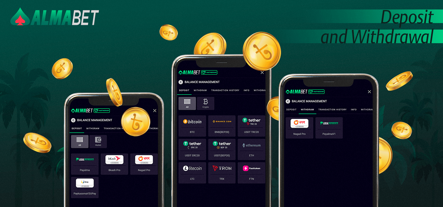 Almabet offers many ways to deposit and cash out funds